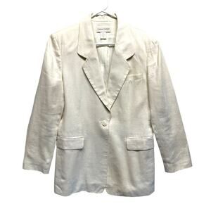 Vintage Casual Corner Long Line Women Blazer 100% Linen Cream Lagenlook Resort